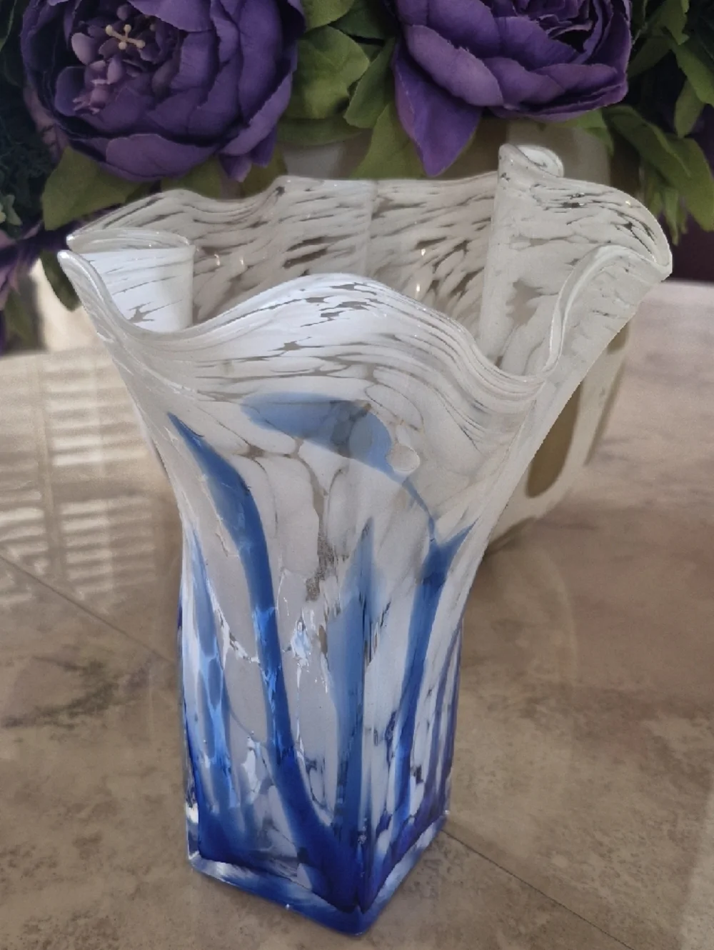 Neiman Marcus White and Blue Swirled Art Glass Vase
